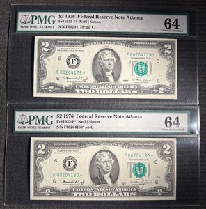 Lot of (2) Consecutive 1976 $2 Federal Reserve *STAR* Notes. PMG CHOICE UNC 64 - Picture 1 of 6