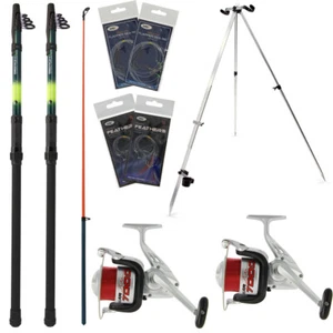 Sea Fishing Set 2x 12ft Telescopic Beachcasting Rods & Reels Tripod Line Hooks - Picture 1 of 10