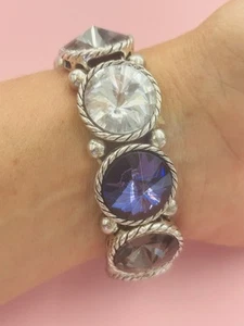 Rhinestone Bling Elastic Bracelet Chunky Costume Jewelry Fake Stones Silver Tone - Picture 1 of 4