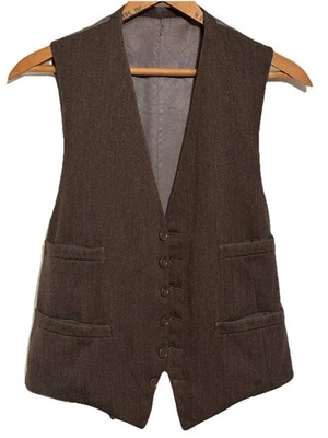 ~ Chaleco Vintage 36S Chaleco Extraño Años 40 Marrón 6 Botones 4 Bolsillos Correa Trasera S Foto 1 de 4