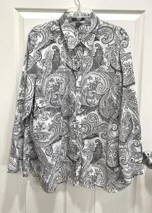 LAUREN RALPH LAUREN Womens 3X Paisley Button Up Shirt Black White Cotton - Picture 1 of 8