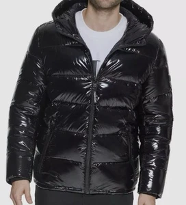 NWT CALVIN KLEIN MENS SNAPz FRONT PUFFER JACKET COAT BLACK SHINY Large Dope $225 - Picture 1 of 12