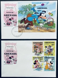 GRENADA EASTER BASKETS DISNEY FDC SET OF 2 FDC'S STAMPS PLUTO GOOFY MICKEY - Picture 1 of 3