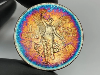 1985 Mexico Libertad Silver 1 Onza Amazing Rainbow Bullseye MONSTER TONED TONER - Image 1 of 4