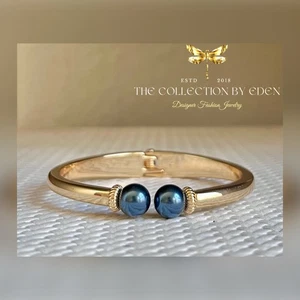 Charter Club Bracelet- Gold Hinged Bangle with Navy Blue Pearl Finials - Picture 1 of 4