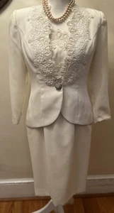 Vtg Nahdree Ivory Dress Jacket Set Wedding/Formal Pearl Beading SZ2P A -Line - Picture 1 of 18