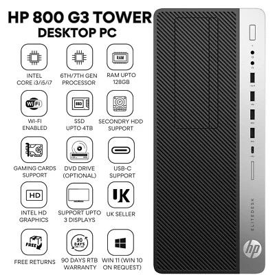 HP EliteDesk 800 G3 Tower PC Core i7-7700 7th Gen 32GB RAM 2TB SSD Gaming Wi-Fi - Image 1 of 4