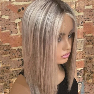 Short Straight 13x6 Lace Frontal Wig Ash Blonde Highlights Human Hair Wig - Image 1 of 4