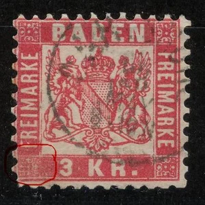 Baden 24, 3 Kr 1868, esquina inferior izquierda manchada, estampado #a314 - Imagen 1 de 1