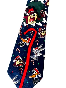 Vtg 1995 Mens Christmas Tie Looney Tunes Bugs Tweety Daffy Taz 58"x4" 100% Silk - Picture 1 of 14