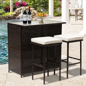 3-Piece Patio Furniture Bar Set Outdoor Wicker Rattan Bar Table Set w/2 Stools - Picture 1 of 11