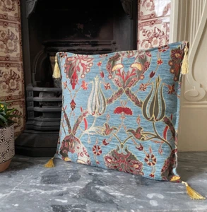 Steel Blue Chenille Cushion Cover, Floral Throw Pillow, Boho Home Decor 40x40cm - Picture 1 of 9