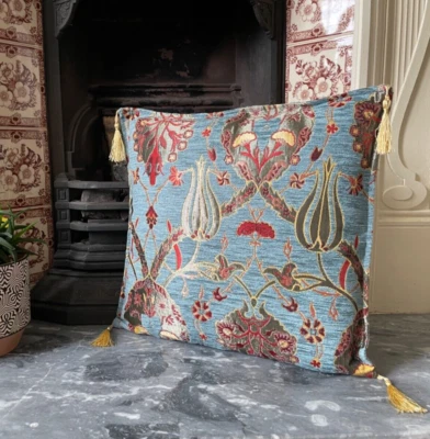 Steel Blue Chenille Cushion Cover, Floral Throw Pillow, Boho Home Decor 40x40cm - Image 1 of 4