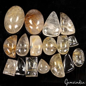 340 Ct/18 Pcs Natural Untreated Golden Wire Rutile Quartz Mix Cab Loose Gems Lot - Picture 1 of 8
