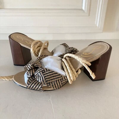 Sam Edelman Anthropologie Bodhi Raffia Lace Up Heels Black & Tan Sz 9 - Image 1 of 4