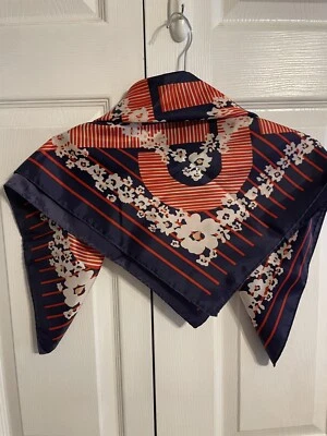 Vintage 1960s Square Scarf, Geometric Design 26" Square Orange Blue - Image 1 of 2