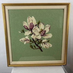 Vintage Needlepoint Floral Art Large Magnolia Blossoms Finished Framed - Picture 1 of 8