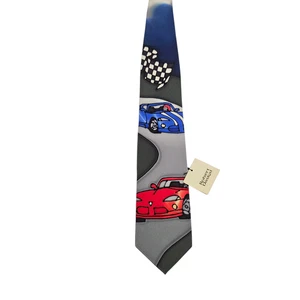 Robert Daskal Necktie Race Cars on Track Novelty Tie Checkered Flag Red Blue - Picture 1 of 6