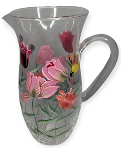 Vintage Fifth Avenue Crystal Hand Painted Floral Crackle Glass Drinking Pitcher - Picture 1 of 18