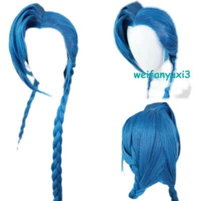 League of Legends LOL Arcano Jinx Cosplay Peluca de Pelo Largo Azul Pelucas Trenzadas Prop Foto 1 de 4