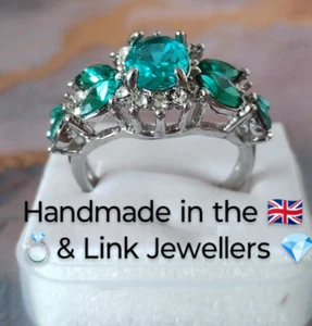 GPN: Woman Silver Ring. Size M-N. Lab Created 5 Oval Mint Green Colour Emeralds - Picture 1 of 7