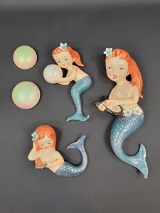 RARE Mermaid Ceramic Bathroom Set /3 Vtg 50s 60s MCM Wall Hangings Canada Japan - Picture 1 of 24