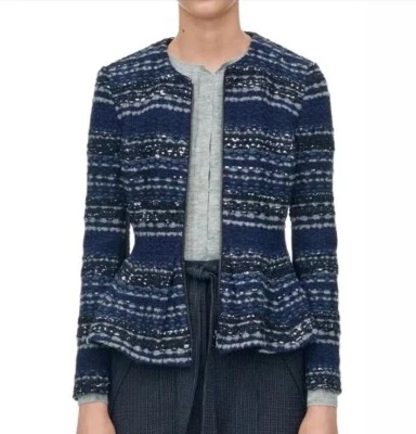 Chaqueta de tweed Rebecca Taylor azul marino lurex con peplum, talla 0 Foto 1 de 4