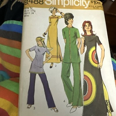 Simplicity 9488 Vintage 70s Sewing Pattern Maxi Dress Tunic Bell Bottom Pants 10 - Image 1 of 4