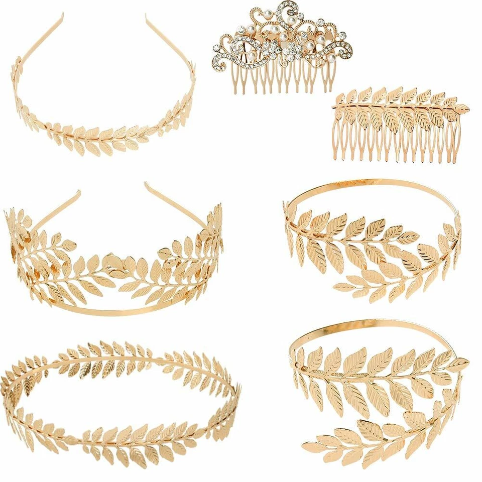7pc Greek Roman Gold Leaf Headband Tiara Bracelet Set – Bridal Cosplay Jewelry - Image 1 of 4