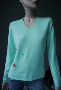 HEARTBREAKER Pullover Kaschmir 38 LUXUS Grün Stickerei Blumen Pure Cashmere - Bild 1 von 7
