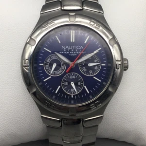 Vintage Nautica Steel Watch Men 39mm Silver Tone Blue Day Date New Battery 8" - Picture 1 of 12