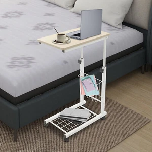 Height Adjustable Side Table With Wheels 2 Tier C Shaped Mobile Standalone Table - Picture 1 of 14