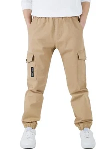 Boys Cargo Pants for Kids Stretch Elastic Waist School Youth Twill Joggers Be... - Picture 1 of 7