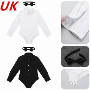 UK Kids Boys Latin Modern Dance Romper Lapel Collar Dress Shirt with Bowtie Set - Picture 1 of 35