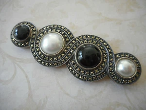 Judith Jack Sterling Silver Pearl Black Onyx Marcasite Brooch Pin JJ2140B - Picture 1 of 7