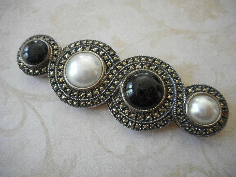 Judith Jack Sterling Silver Pearl Black Onyx Marcasite Brooch Pin    JJ2140B - Image 1 of 4