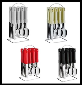NEW 24PC CUTLERY DINNER SET STAINLESS STEEL METAL STAND RACK FORKS TEA SPOONS - Picture 1 of 7