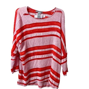 Sharon Young Blouse Womens Red Striped Top Large Long Sleeve Relaxed Crinkle - Picture 1 of 8