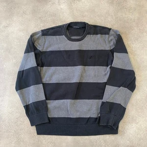 Nautica Striped Jumper Mens 2XL Classic Y2K Knit Sweater, Black Grey - Picture 1 of 9