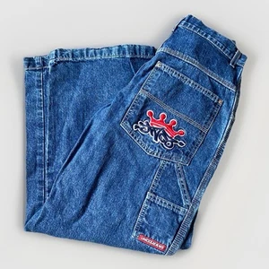 Vintage JNCO Jeans Boys 16 Baggy Wide Leg Embroidery Tribal Crown Y2K 90s - Picture 1 of 13