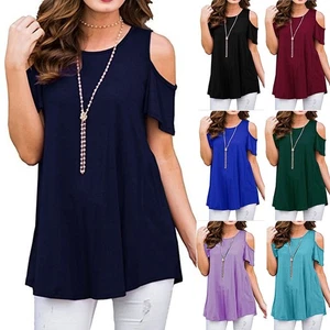 Plus Size Womens Cold Shoulder Loose T-Shirt Short Sleeve Casual Tunic Tops Tee - Picture 1 of 20
