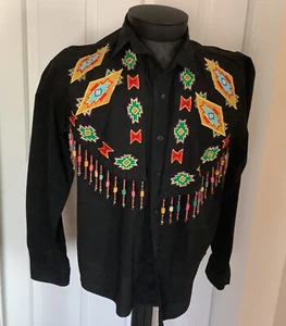 Vintage Damen Western Style schwarzes Shirt Stickerei Perlen Fransen Größe M - Bild 1 von 4