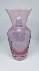 Vintage Czech Bohemian iridescent cranberry glass vase hand etched with flower - Picture 1 of 6