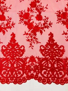 Mia's Fabrics Red Damask Design Embroidered on Mesh Lace Fabric - Picture 1 of 5