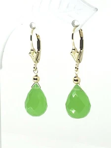 14k Yellow Gold Filled Green Chalcedony Briolette Drop Dangle Earrings - Picture 1 of 3
