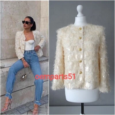 ZARA CREAM FLUFFY TEXTURED SHORT JACKET CARDIGAN WITH SEQUINS SIZE XS - Image 1 of 4