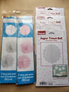 Tissue Paper Hanging Pom Pom Balls 7 pcs White Pink - Picture 1 of 6