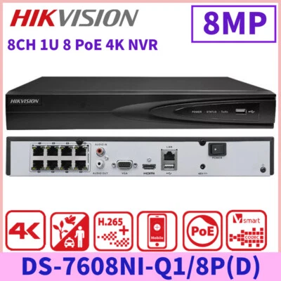 Hikvision DS-7608NI-Q1/8P(D) 8CH 1U 8PoE 4K NVR H.265+ IP Security Camera System - Image 1 of 4