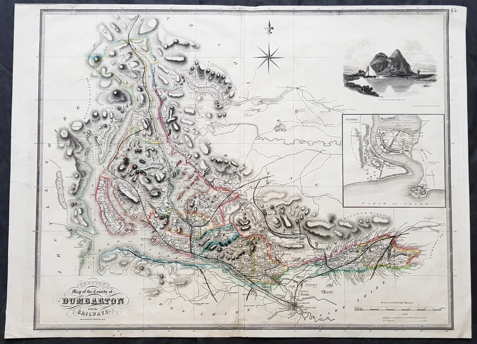 1841 Johnston Large Antique Railway Map of Dumbarton, Dunbartonshire Scotland - Image 1 of 3