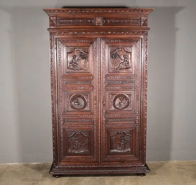91" Tall French Antique Breton Armoire/Cabinet in Solid Chestnut Highly Carved - Image 1 of 4